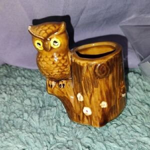 Vintage Lego Japan Owl Log Toothpick/Pen Holder Ceramic Glazed Gold Brown 3.25”